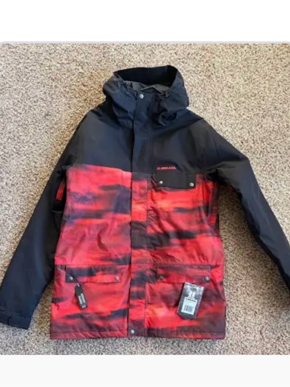Men's Black and Red Insulated Ski Jacket with Hood